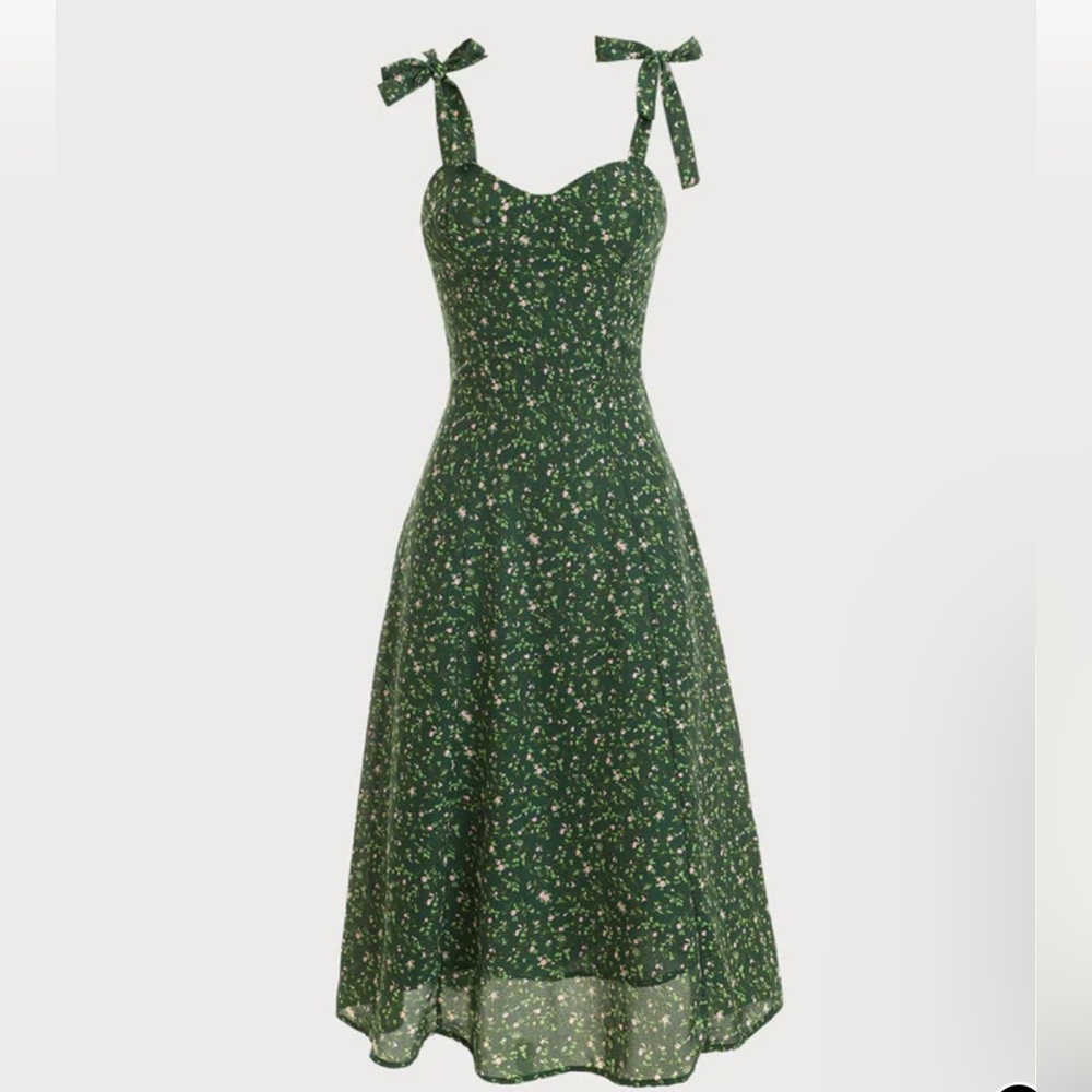RIHOAS Green Floral Tie Strap Midi Dress